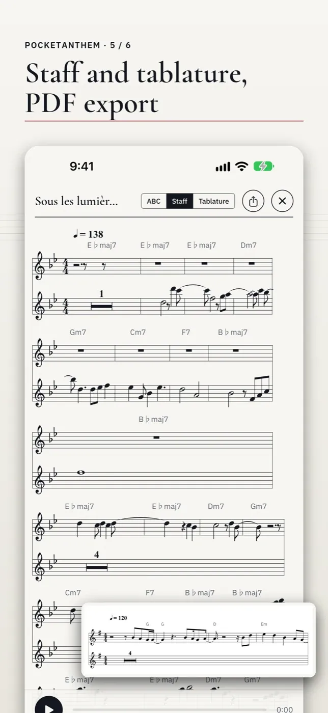 Staff and tablature, PDF export